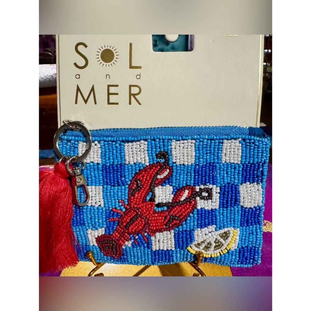 NWT Sol and Mer Beaded Gingham Lobster Coin Purse Pouch Keychain